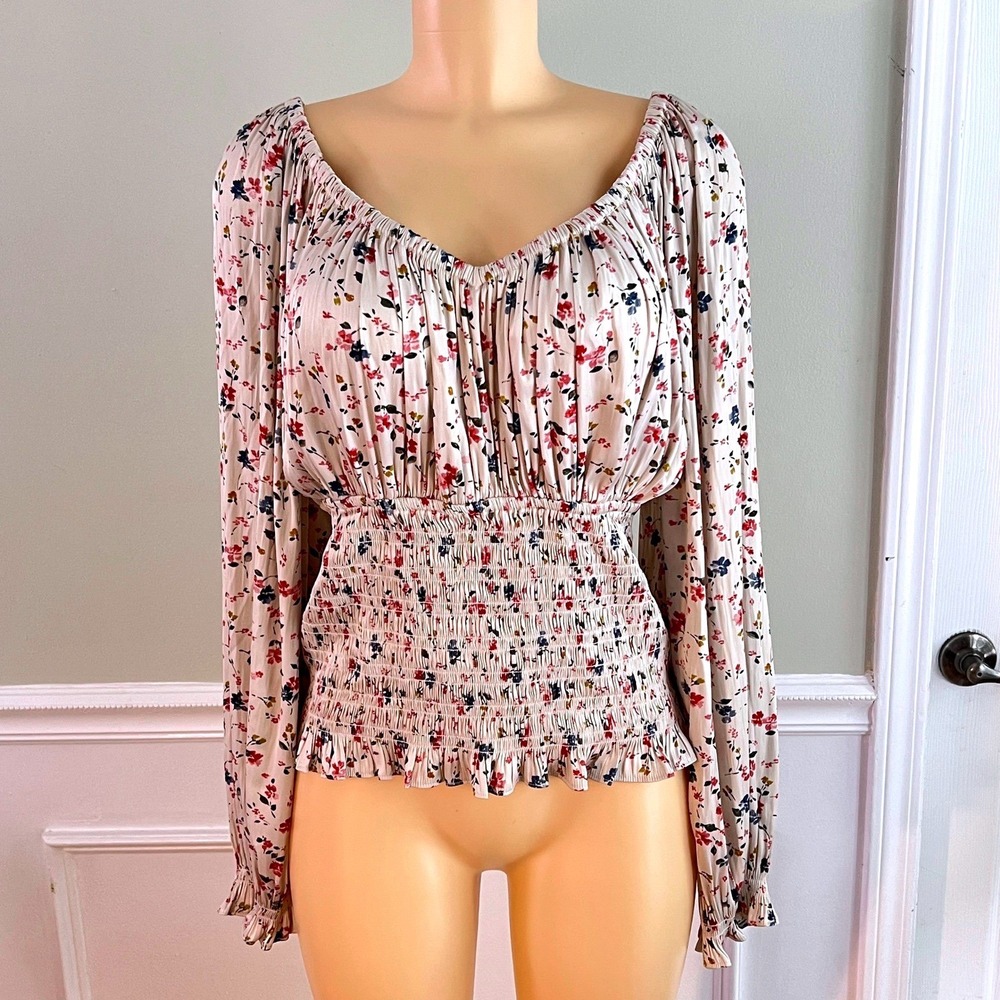 Floral Smocked Peplum‎ Blouse Womens XL  Romantic Renascence Cream Cottagecore